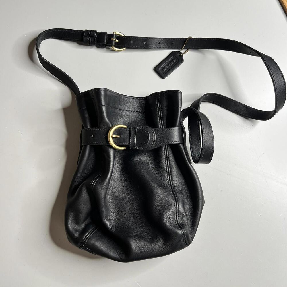 Vintage Coach J7M 4156 Bucket Bag Womens Black Leather Belted Crossbody Shoulder